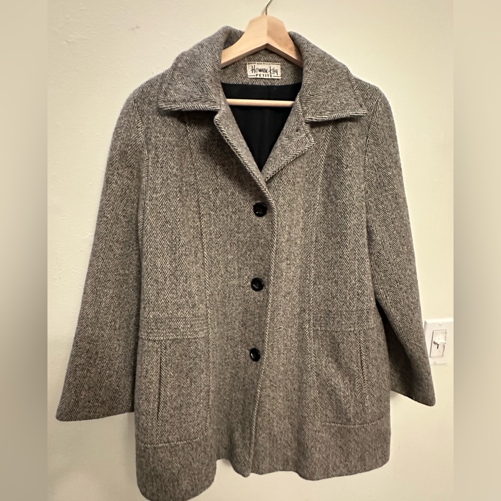 Vintage made in‎ USA Herman Kay Gray Herringbone Pea Coat wool - button front